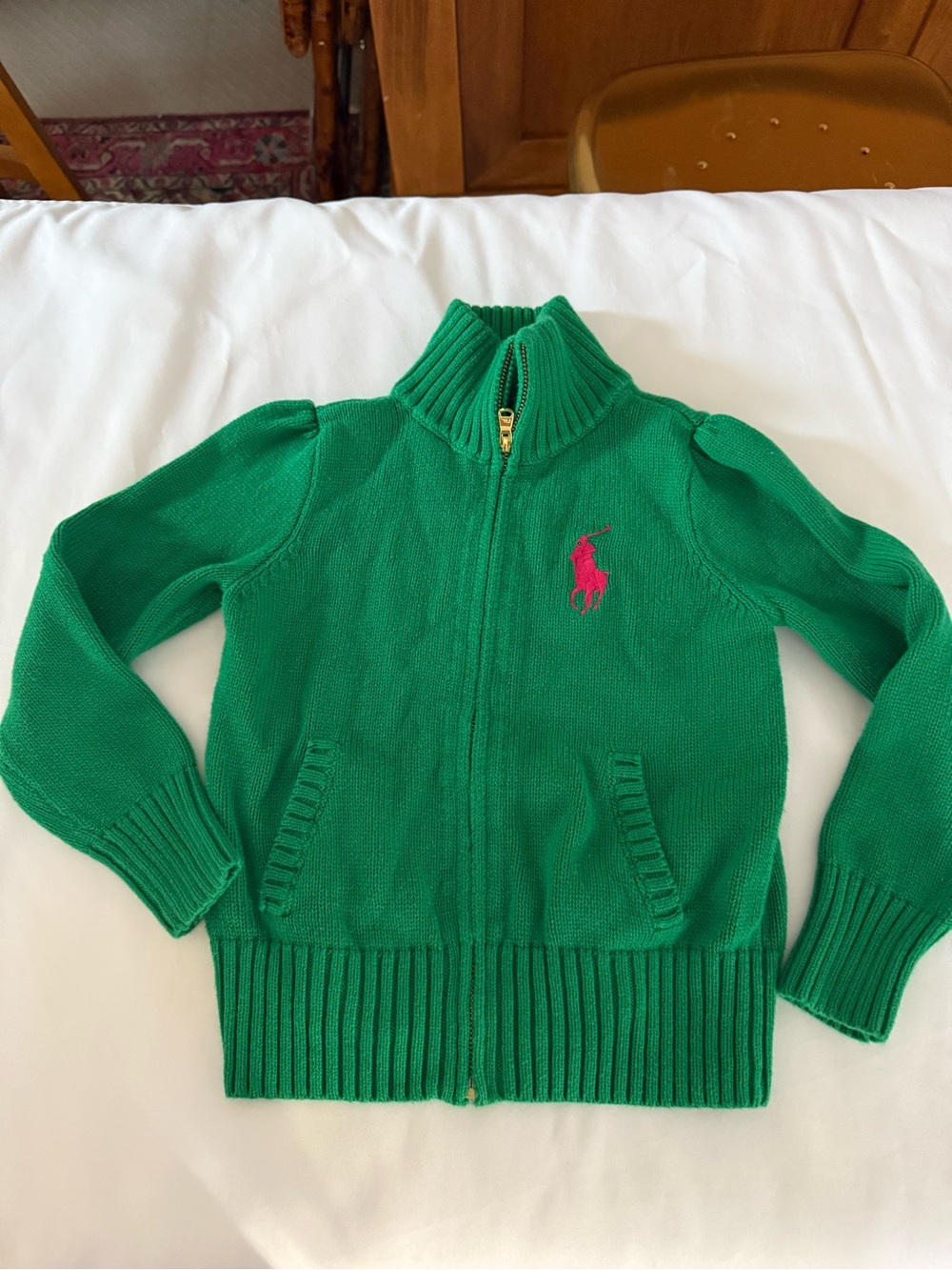 Polo by Ralph Lauren Girls' Green Zip Cardigan with Pink Pony